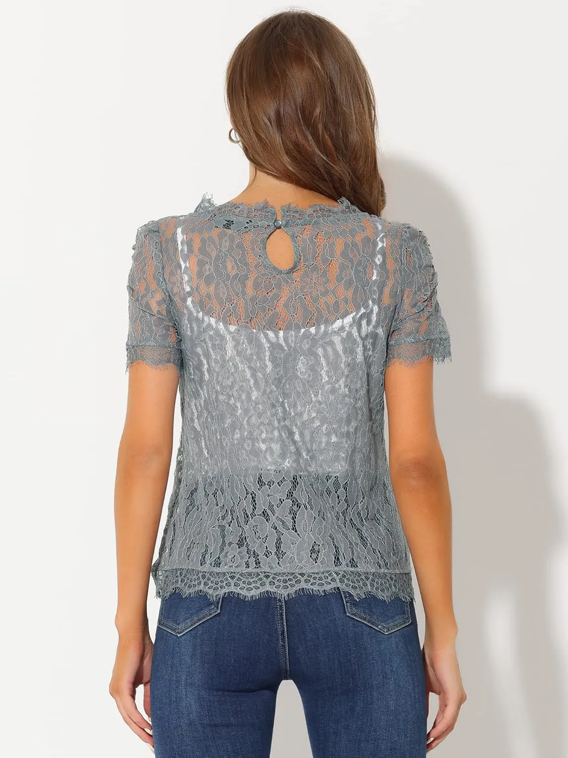 Allegra K Women's Lace Floral Scalloped Trim Short Sleeve Semi Sheer Top