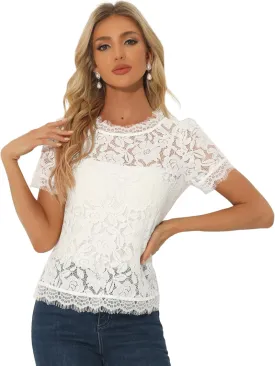 Allegra K Women's Lace Floral Scalloped Trim Short Sleeve Semi Sheer Top