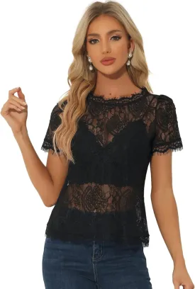 Allegra K Women's Lace Floral Scalloped Trim Short Sleeve Semi Sheer Top