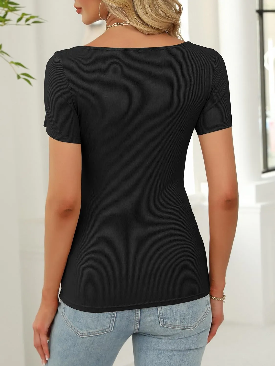 ANRABESS Women Boat Neck Tops Short Sleeve T-Shirts Ribbed Knit Tight Fitted Basic Tees Shirts 2025 Summer Clothes