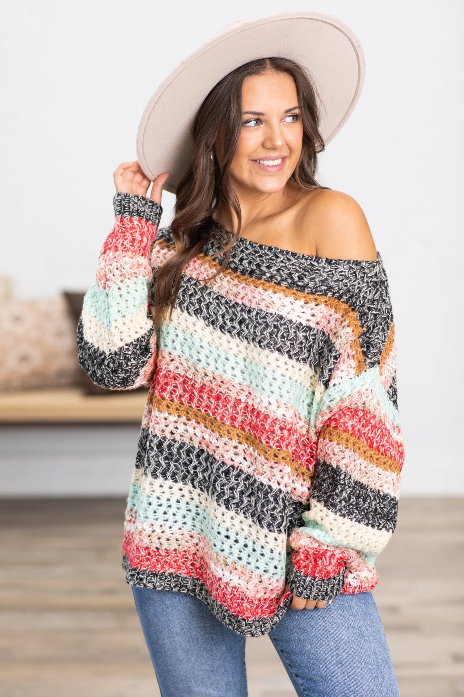 Black and Rust Multicolor Stripe Sweater