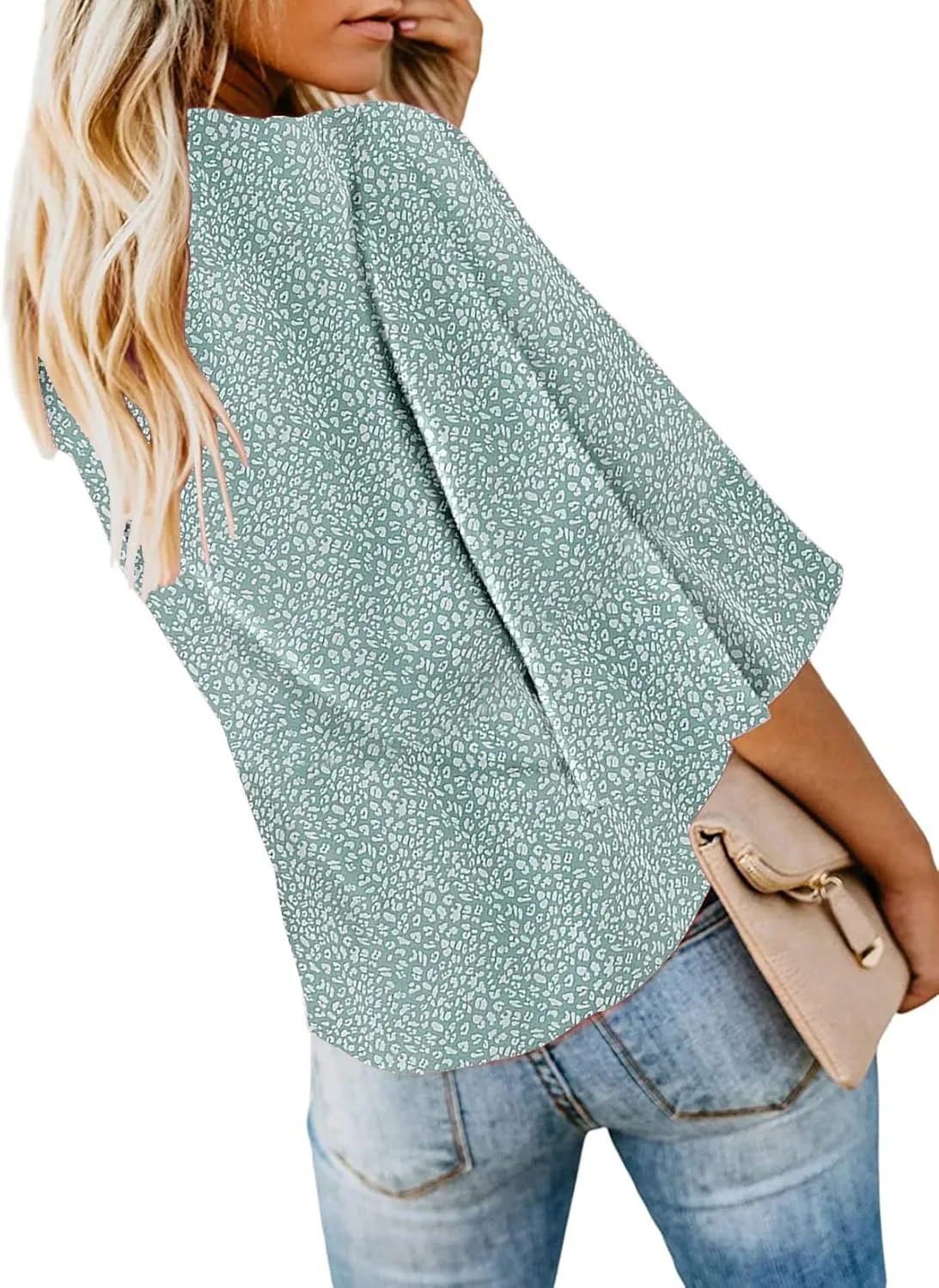 Bluetime Womens Summer Tops Boho 3/4 Sleeve V Neck Tie Front Shirts Casual Floral Blouses