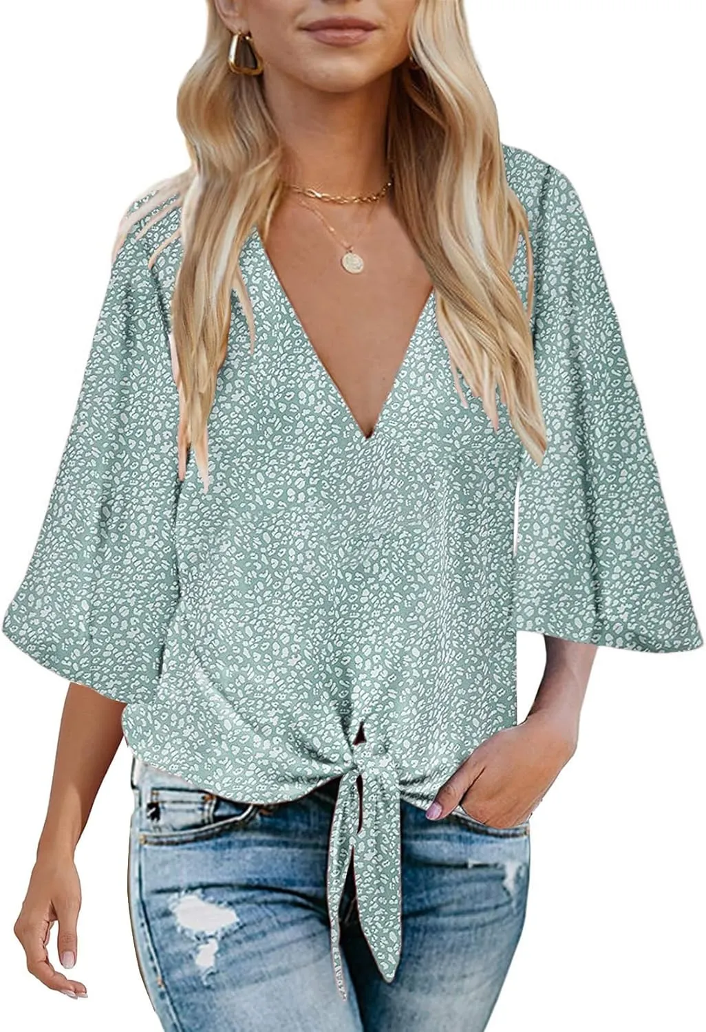Bluetime Womens Summer Tops Boho 3/4 Sleeve V Neck Tie Front Shirts Casual Floral Blouses