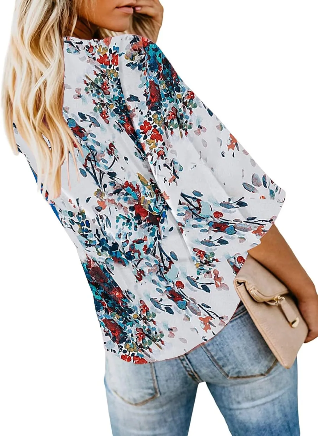 Bluetime Womens Summer Tops Boho 3/4 Sleeve V Neck Tie Front Shirts Casual Floral Blouses