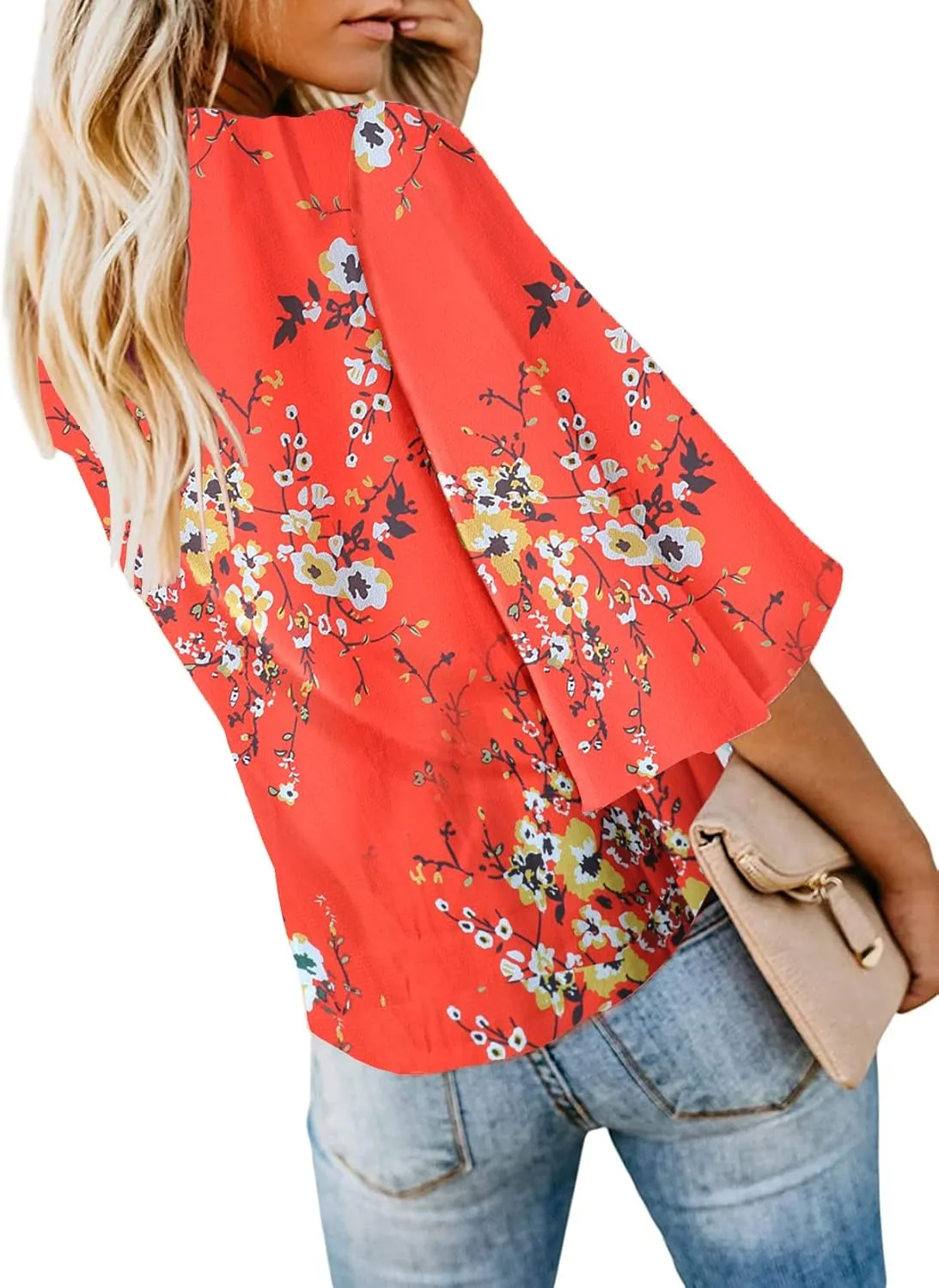 Bluetime Womens Summer Tops Boho 3/4 Sleeve V Neck Tie Front Shirts Casual Floral Blouses