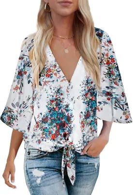 Bluetime Womens Summer Tops Boho 3/4 Sleeve V Neck Tie Front Shirts Casual Floral Blouses