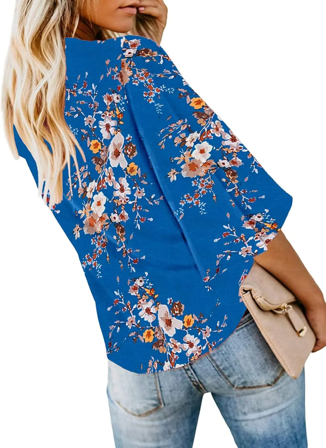 Bluetime Womens Summer Tops Boho 3/4 Sleeve V Neck Tie Front Shirts Casual Floral Blouses
