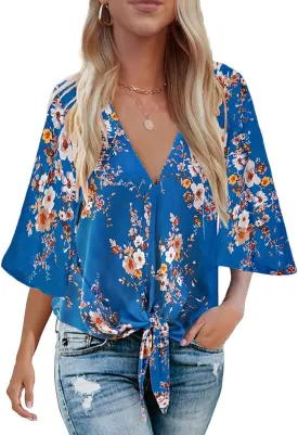 Bluetime Womens Summer Tops Boho 3/4 Sleeve V Neck Tie Front Shirts Casual Floral Blouses