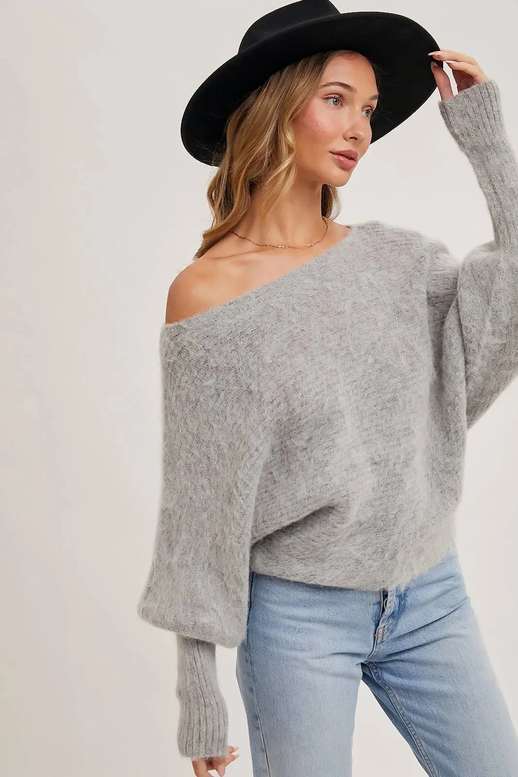 BOAT NECK DOLMAN SLEEVE RIBBED FUZZY KNIT SWEATER