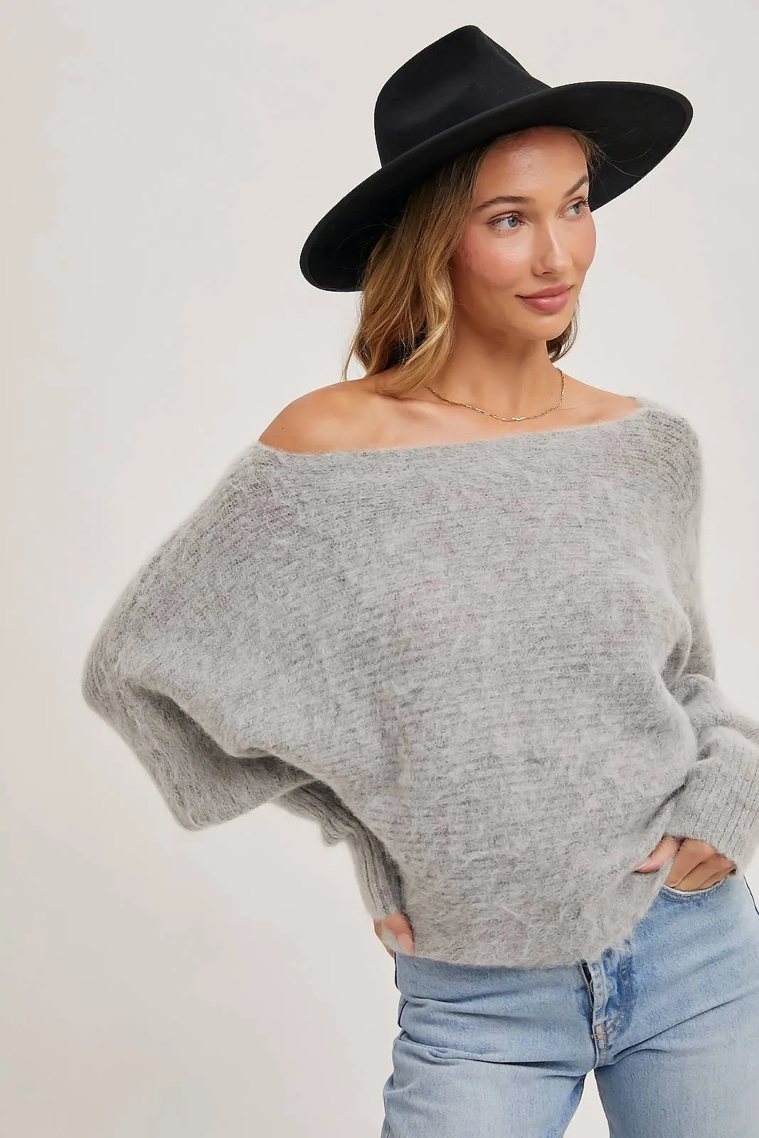 BOAT NECK DOLMAN SLEEVE RIBBED FUZZY KNIT SWEATER