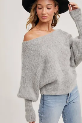 BOAT NECK DOLMAN SLEEVE RIBBED FUZZY KNIT SWEATER