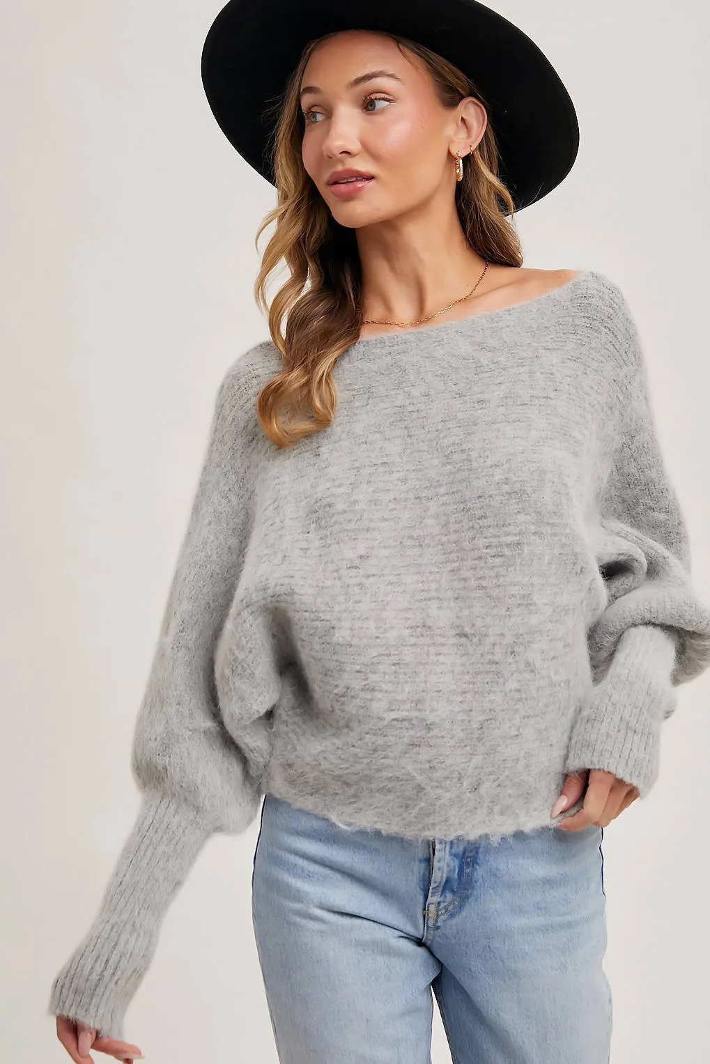 BOAT NECK DOLMAN SLEEVE RIBBED FUZZY KNIT SWEATER