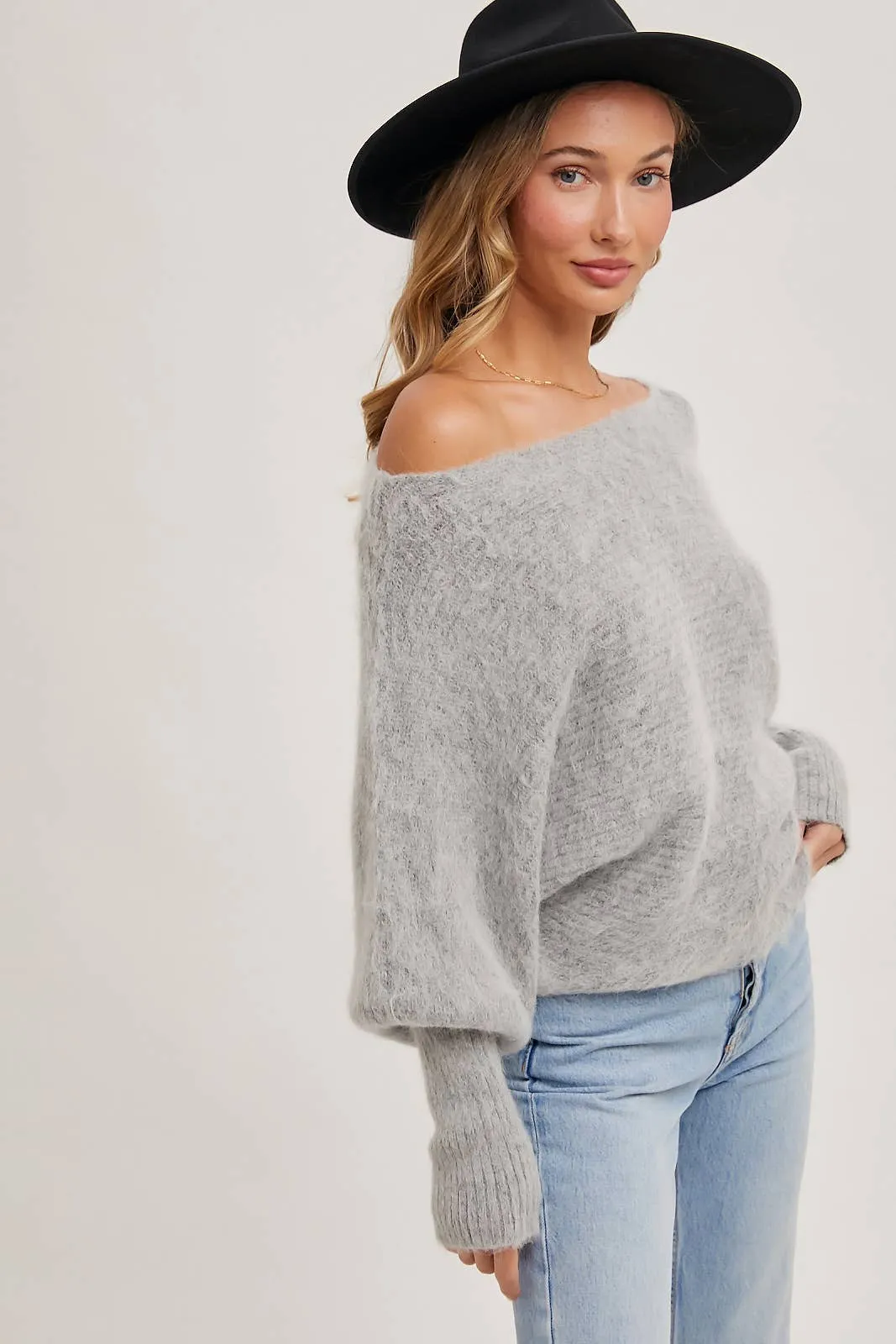 BOAT NECK DOLMAN SLEEVE RIBBED FUZZY KNIT SWEATER