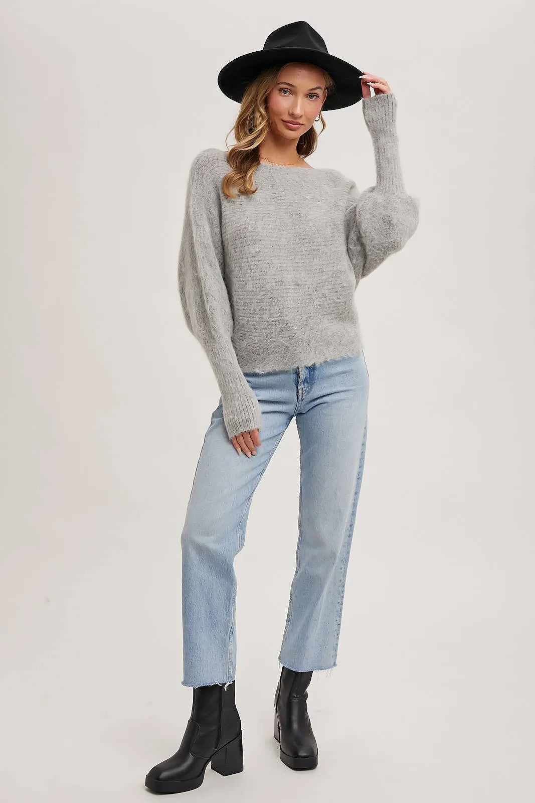 BOAT NECK DOLMAN SLEEVE RIBBED FUZZY KNIT SWEATER
