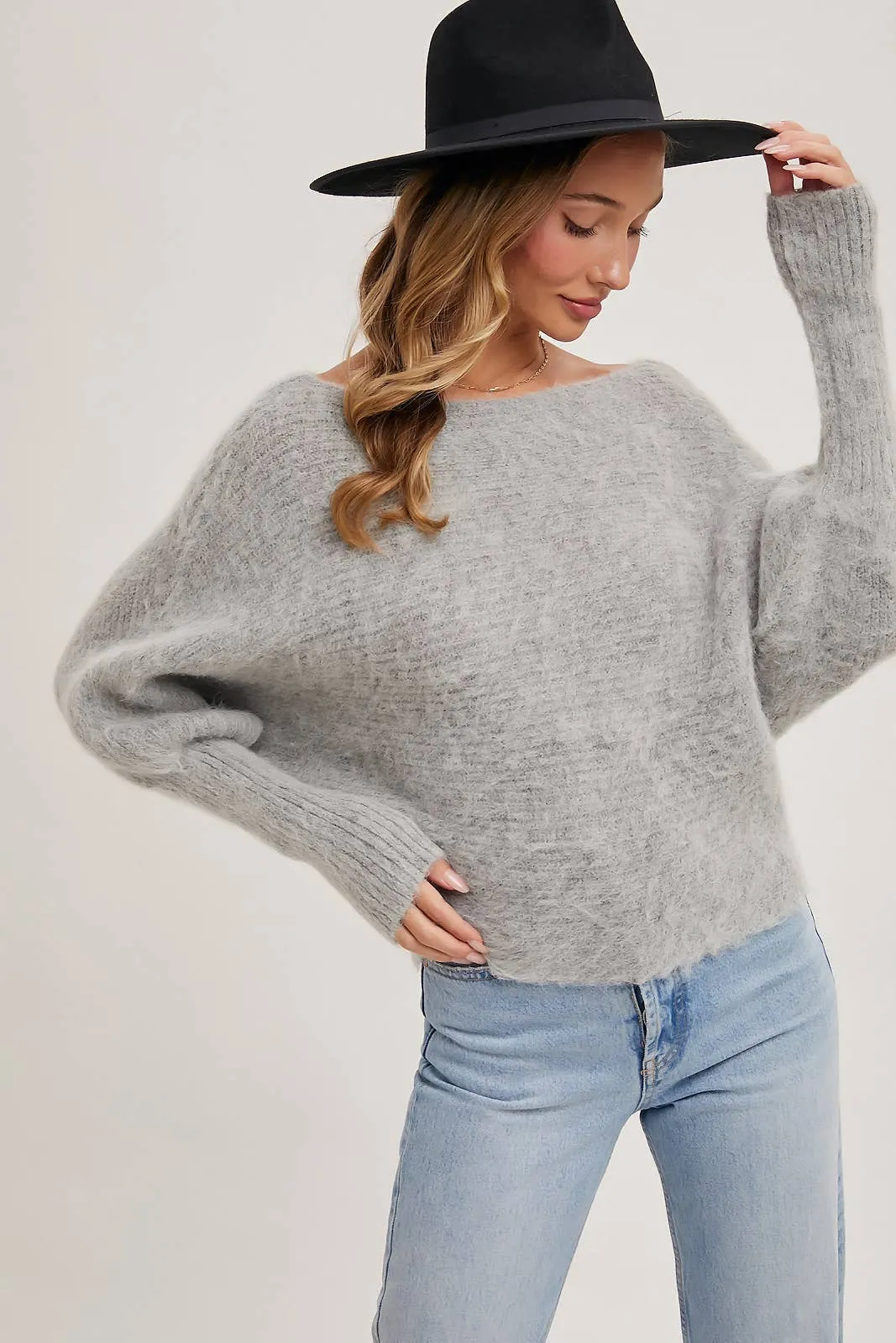 BOAT NECK DOLMAN SLEEVE RIBBED FUZZY KNIT SWEATER