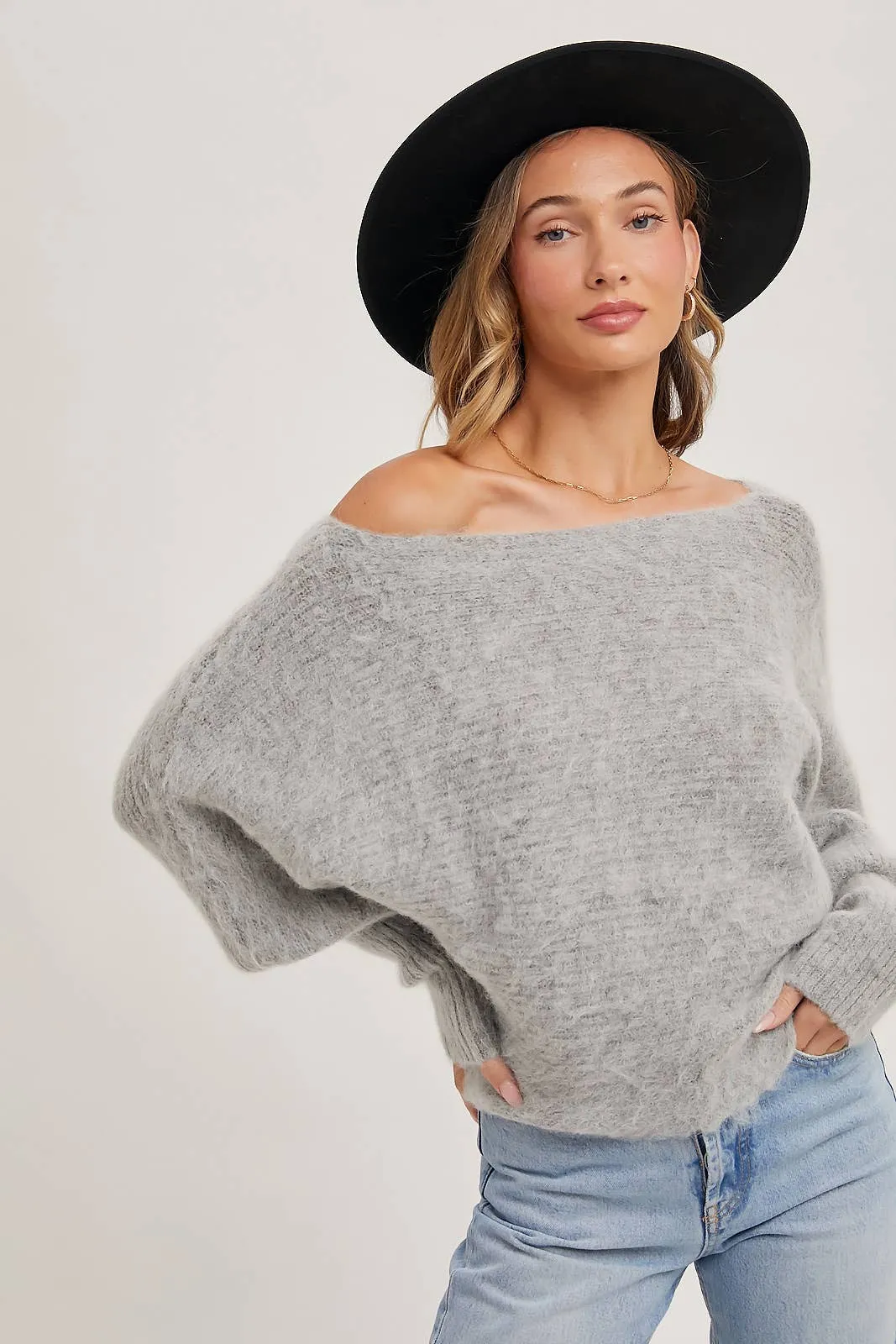 BOAT NECK DOLMAN SLEEVE RIBBED FUZZY KNIT SWEATER