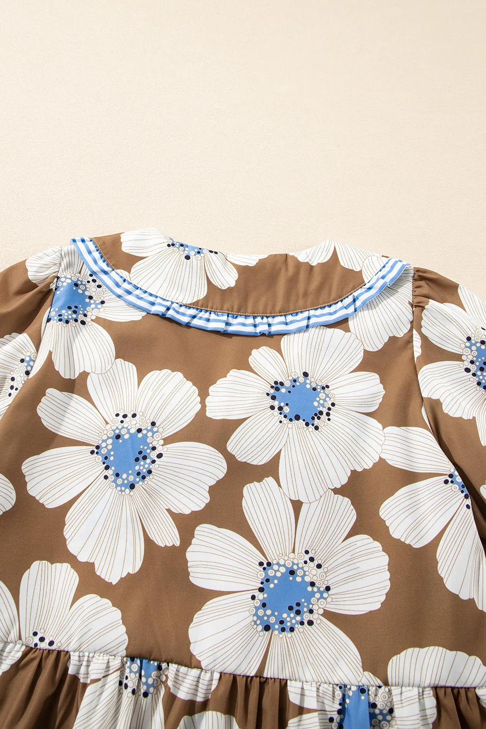 Brown Striped Floral Print Tie Sleeve Collared V Neck Blouse