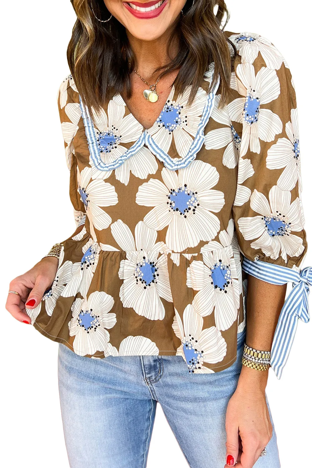 Brown Striped Floral Print Tie Sleeve Collared V Neck Blouse