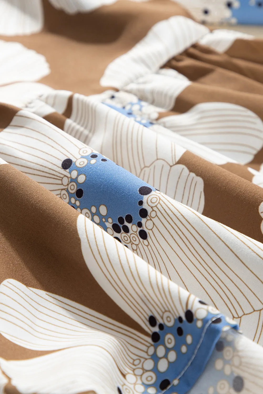 Brown Striped Floral Print Tie Sleeve Collared V Neck Blouse