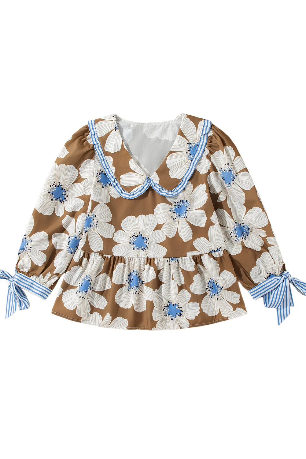 Brown Striped Floral Print Tie Sleeve Collared V Neck Blouse