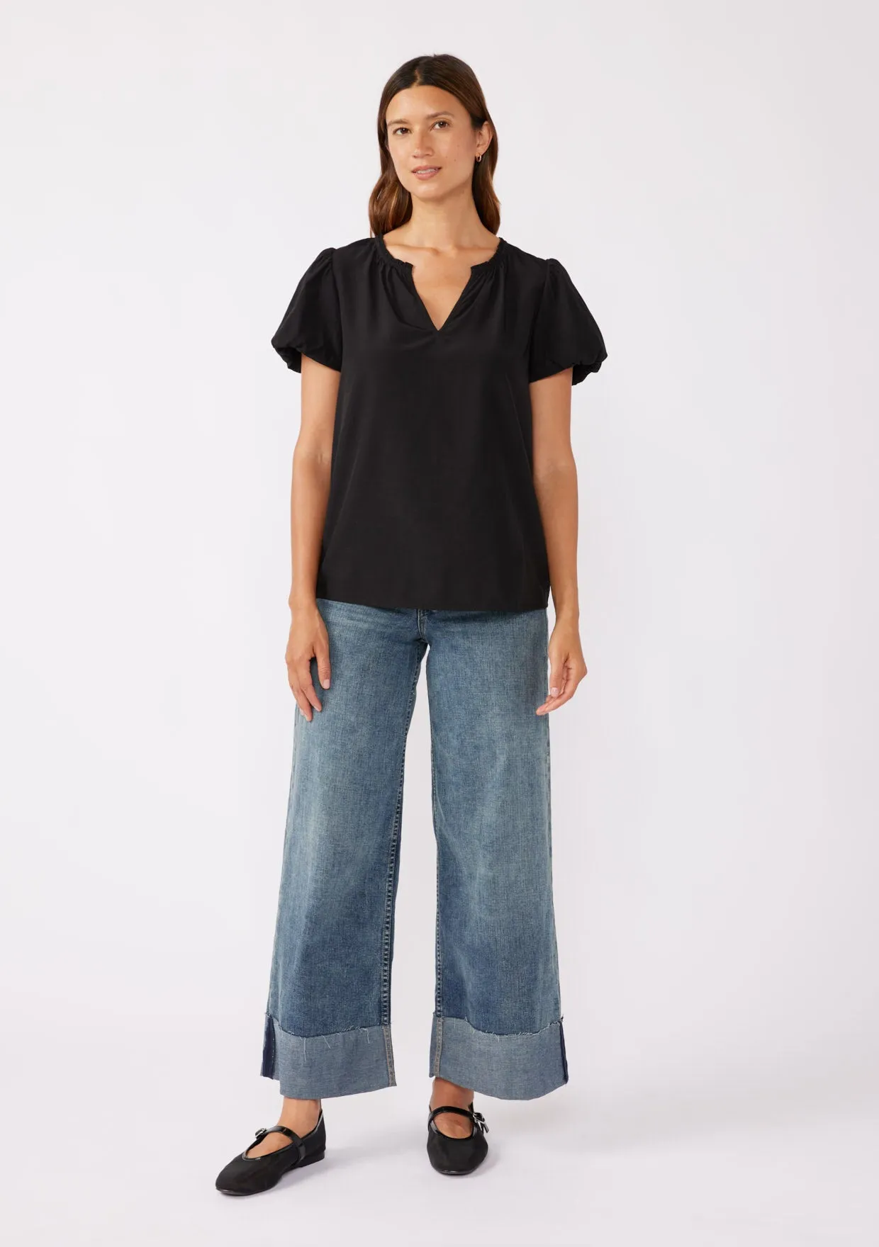 Bubble Sleeve Split Neck Top