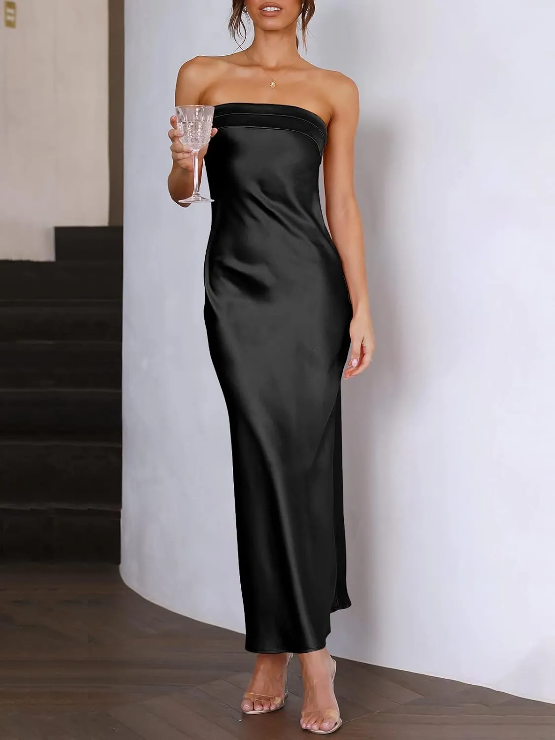 Caracilia Women's Summer Strapless Satin Tube Bodycon Backless Wedding Guest Maxi Dress 2025 Spring Formal Long Dresses