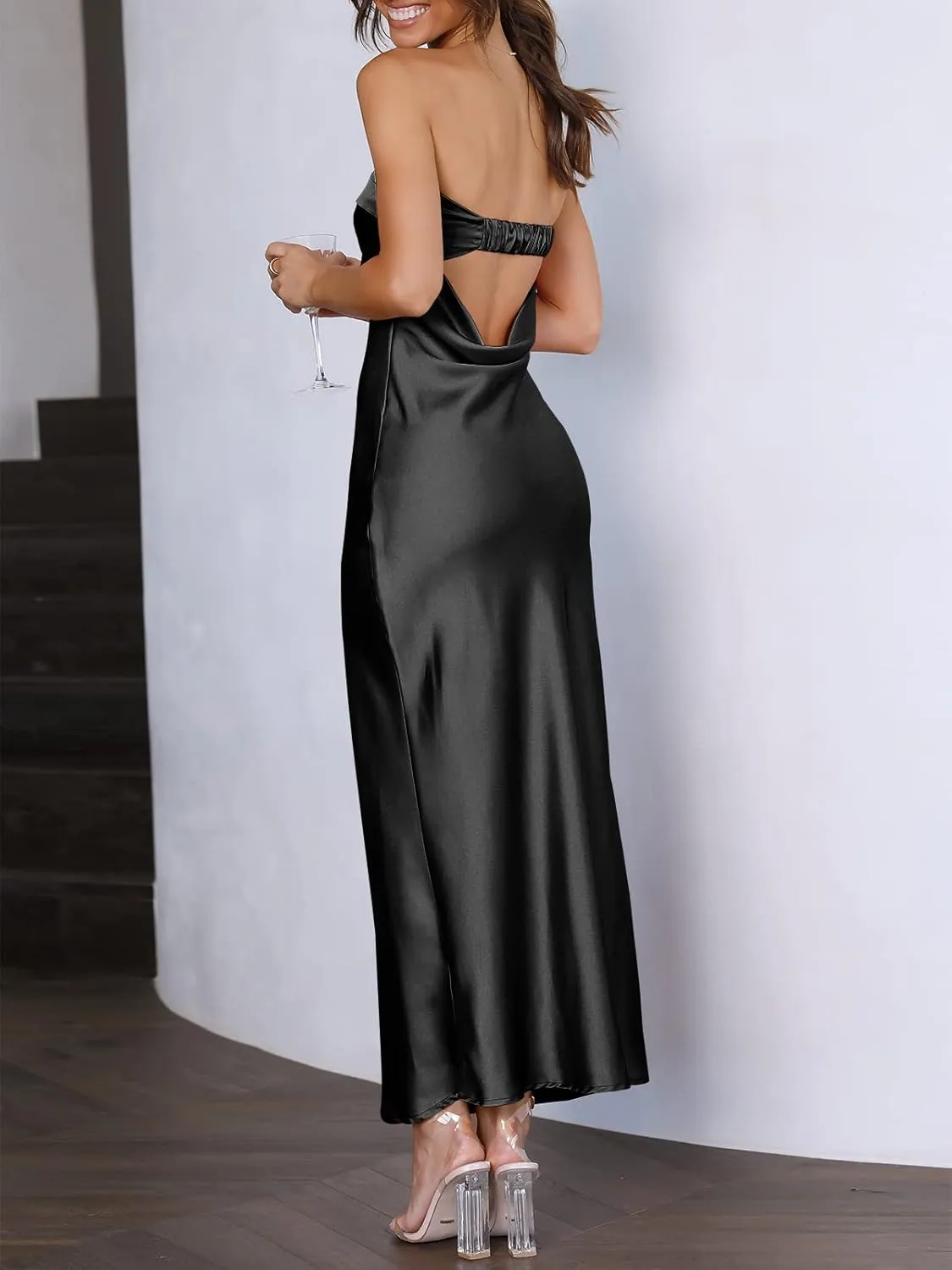 Caracilia Women's Summer Strapless Satin Tube Bodycon Backless Wedding Guest Maxi Dress 2025 Spring Formal Long Dresses