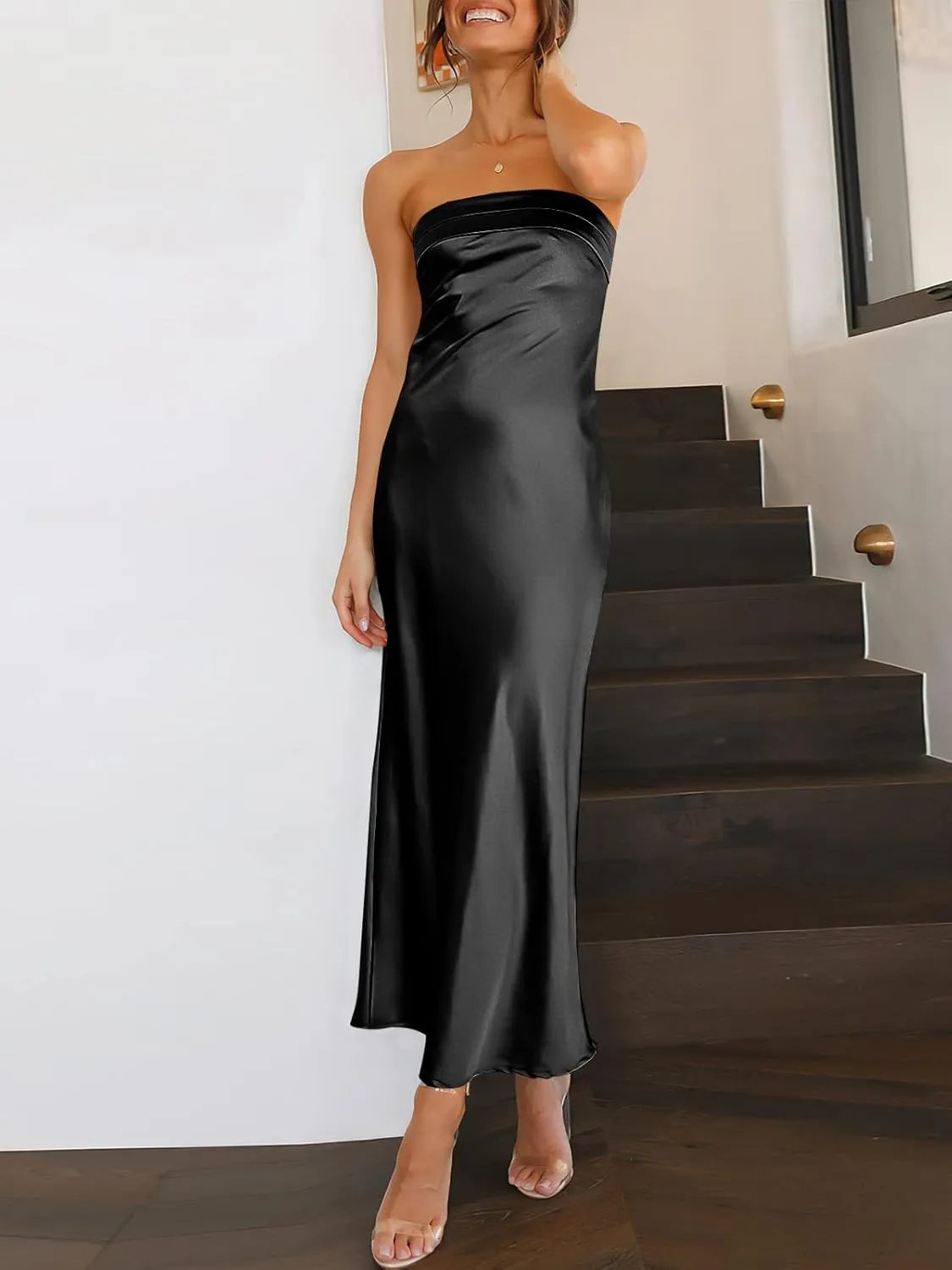 Caracilia Women's Summer Strapless Satin Tube Bodycon Backless Wedding Guest Maxi Dress 2025 Spring Formal Long Dresses