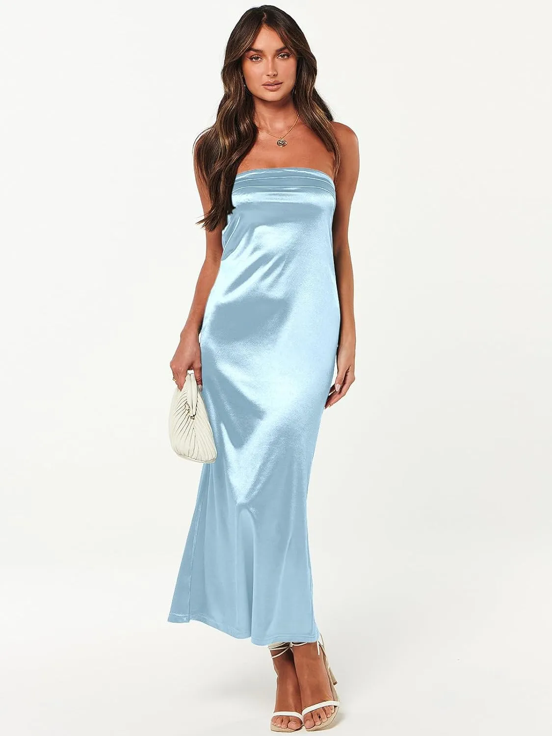 Caracilia Women's Summer Strapless Satin Tube Bodycon Backless Wedding Guest Maxi Dress 2025 Spring Formal Long Dresses