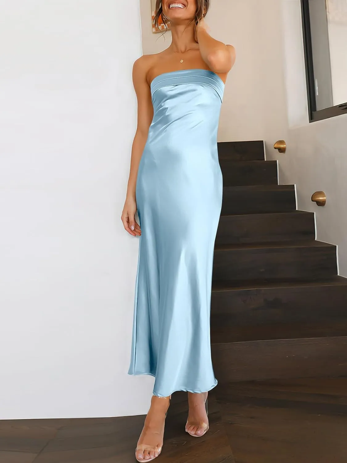 Caracilia Women's Summer Strapless Satin Tube Bodycon Backless Wedding Guest Maxi Dress 2025 Spring Formal Long Dresses