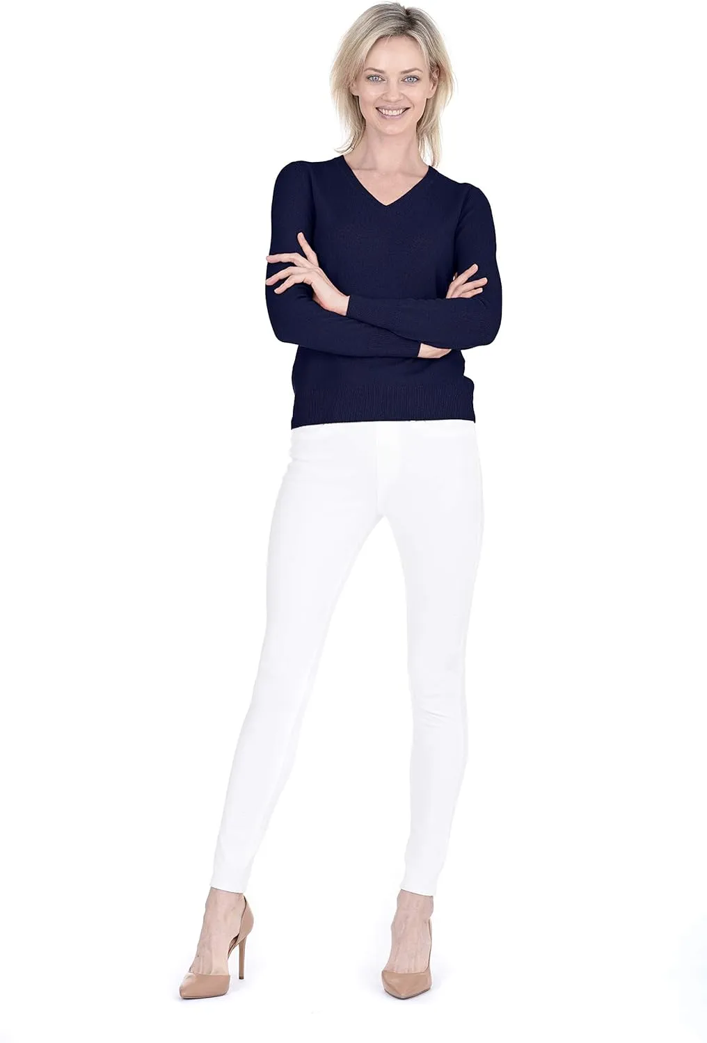 Cashmeren Womens Essential Knit V-Neck Sweater 100% Merino Wool Long Sleeve Classic Pullover