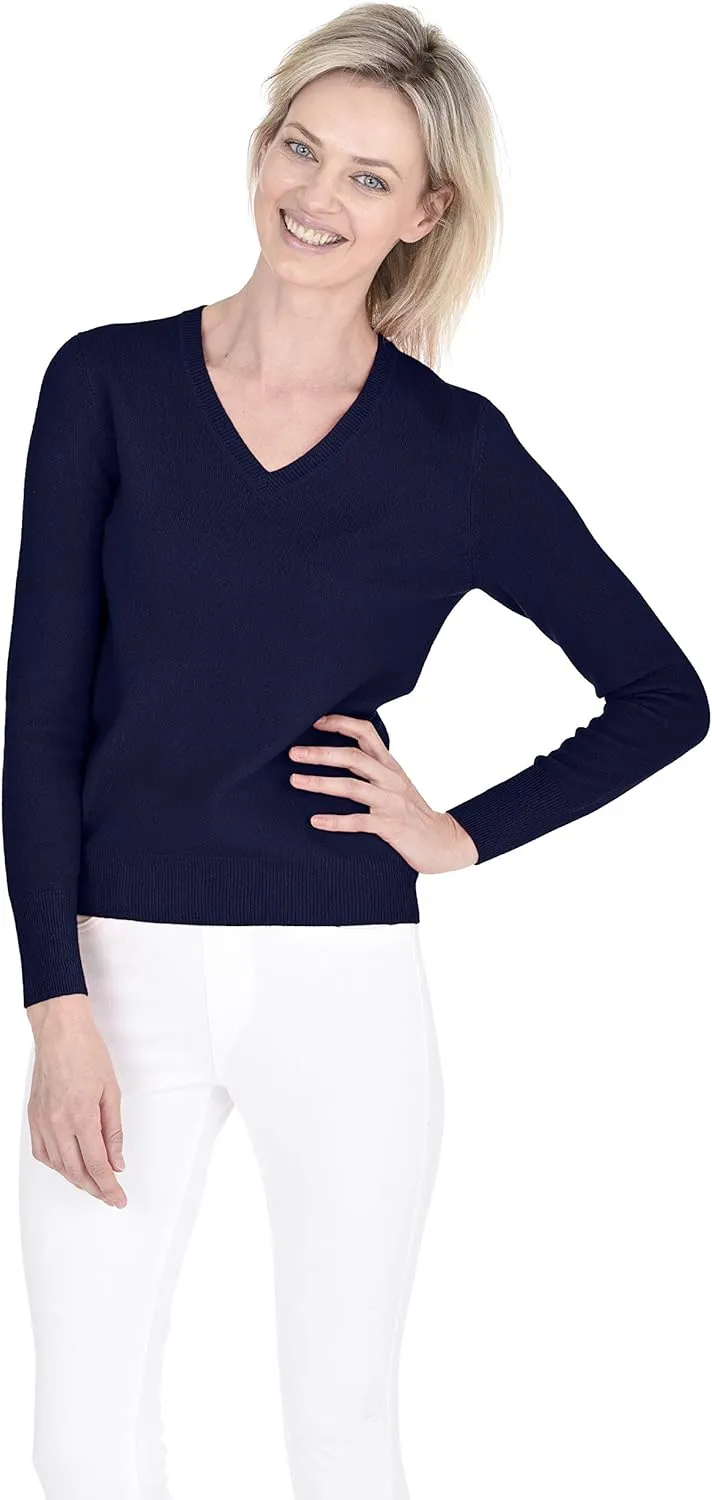 Cashmeren Womens Essential Knit V-Neck Sweater 100% Merino Wool Long Sleeve Classic Pullover