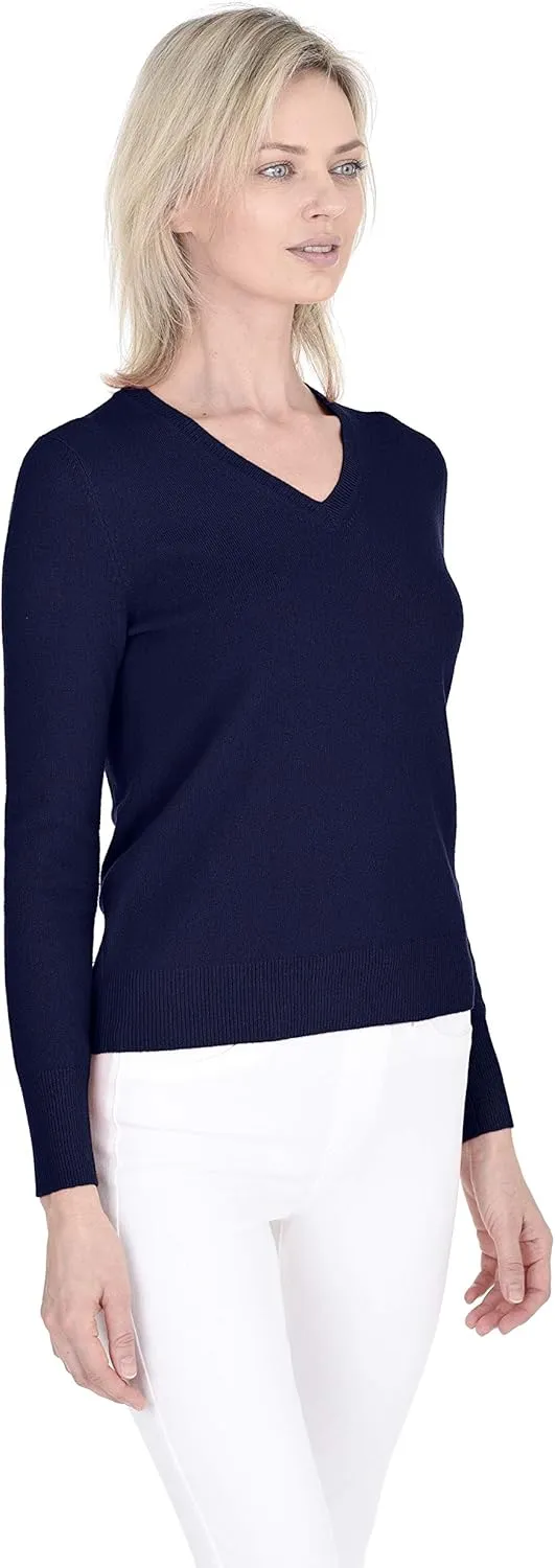Cashmeren Womens Essential Knit V-Neck Sweater 100% Merino Wool Long Sleeve Classic Pullover