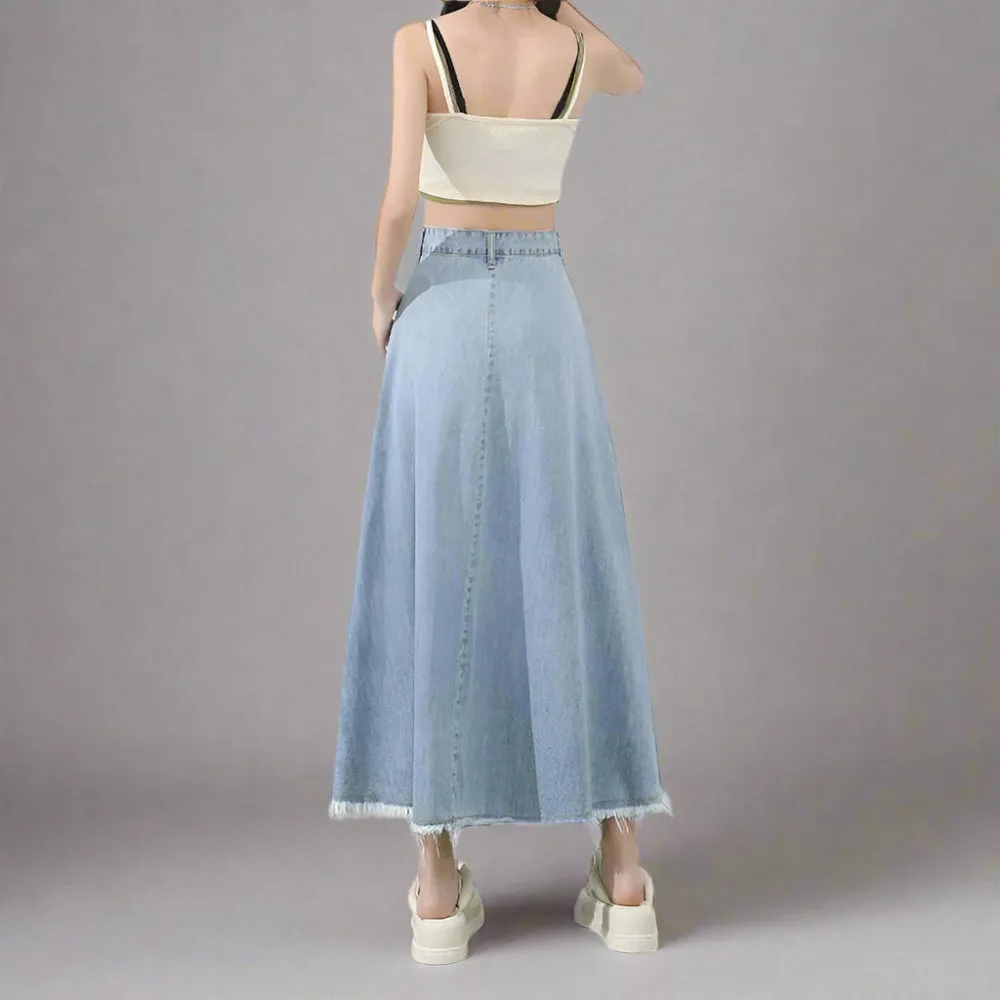 Casual Blue Denim Long Skirt