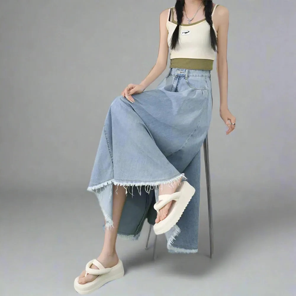 Casual Blue Denim Long Skirt