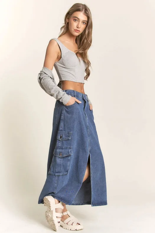 Casual Denim Maxi Cargo Skirt