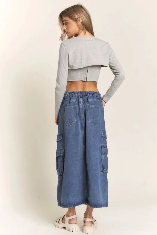 Casual Denim Maxi Cargo Skirt