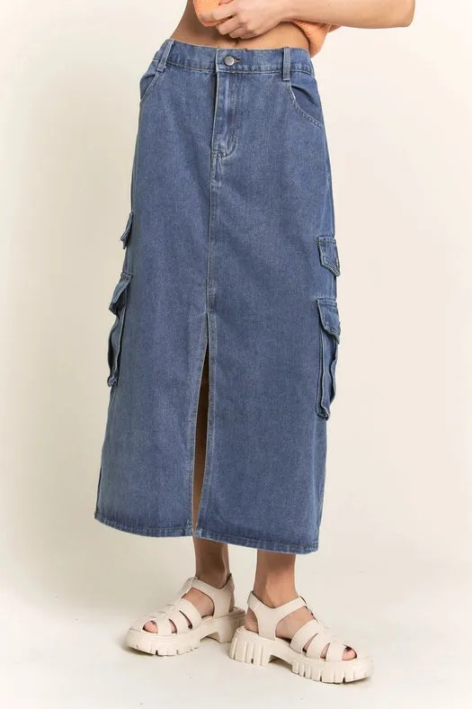 Casual Denim Maxi Cargo Skirt