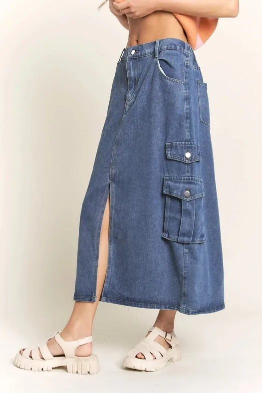 Casual Denim Maxi Cargo Skirt