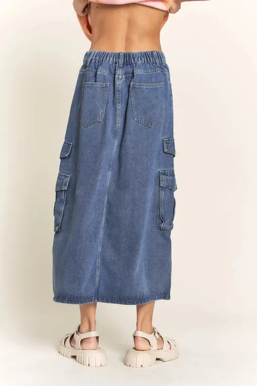 Casual Denim Maxi Cargo Skirt