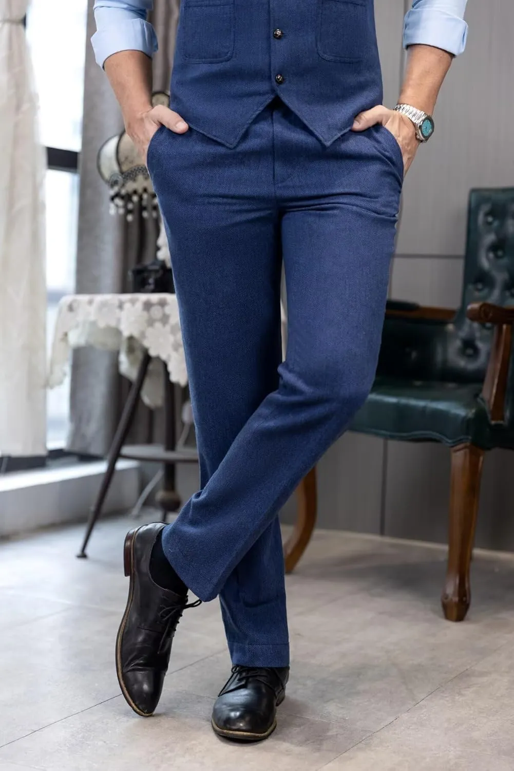 Ceehuteey Men's Regular Fit Tweed Wool Dress Pants Flat Front Herringbone Trousers