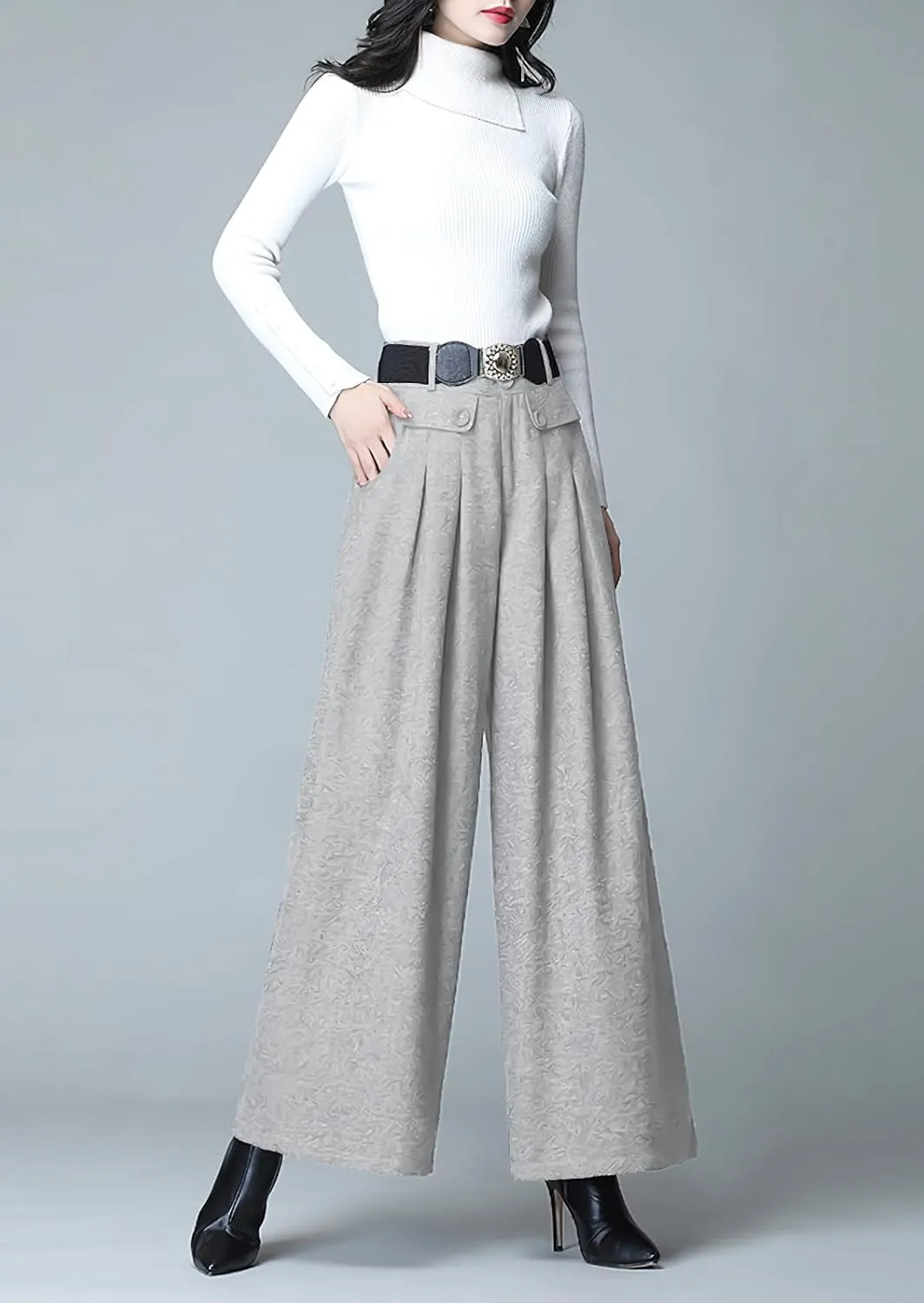 chouyatou Women's Casual Wide Leg Wool Blend Pants Baggy Culotte High Waisted Pleated Loose Long Trousers