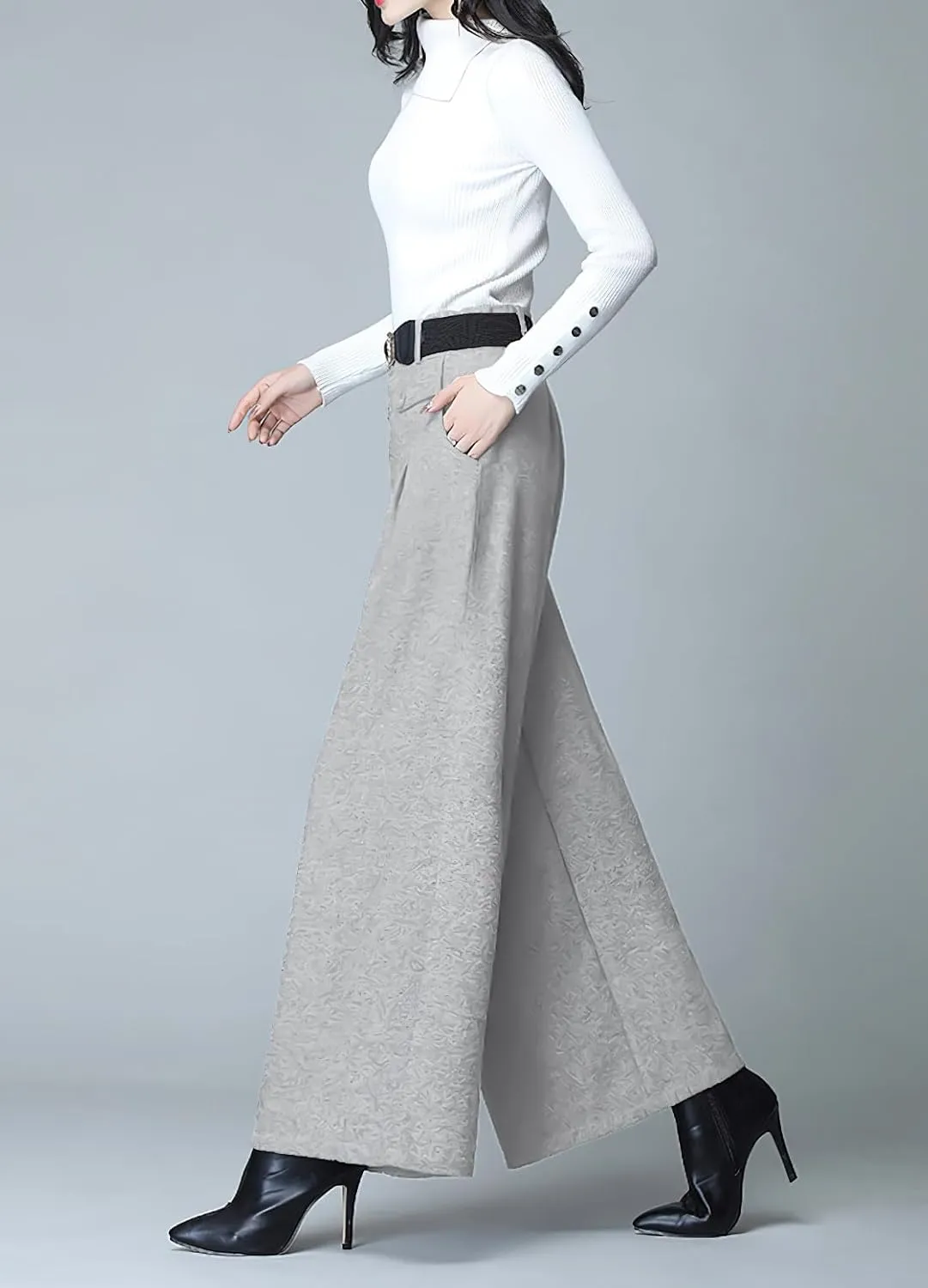 chouyatou Women's Casual Wide Leg Wool Blend Pants Baggy Culotte High Waisted Pleated Loose Long Trousers