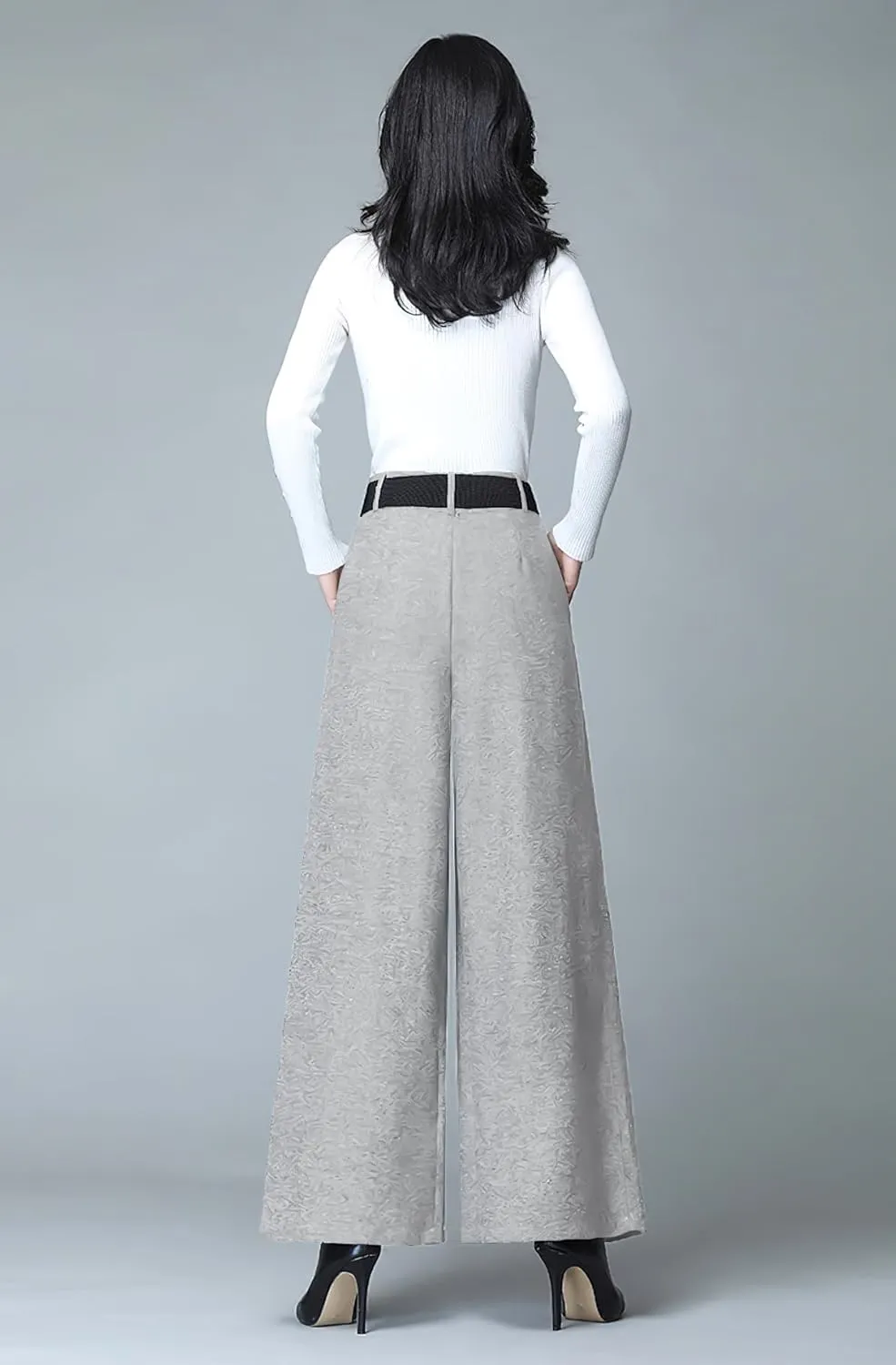 chouyatou Women's Casual Wide Leg Wool Blend Pants Baggy Culotte High Waisted Pleated Loose Long Trousers