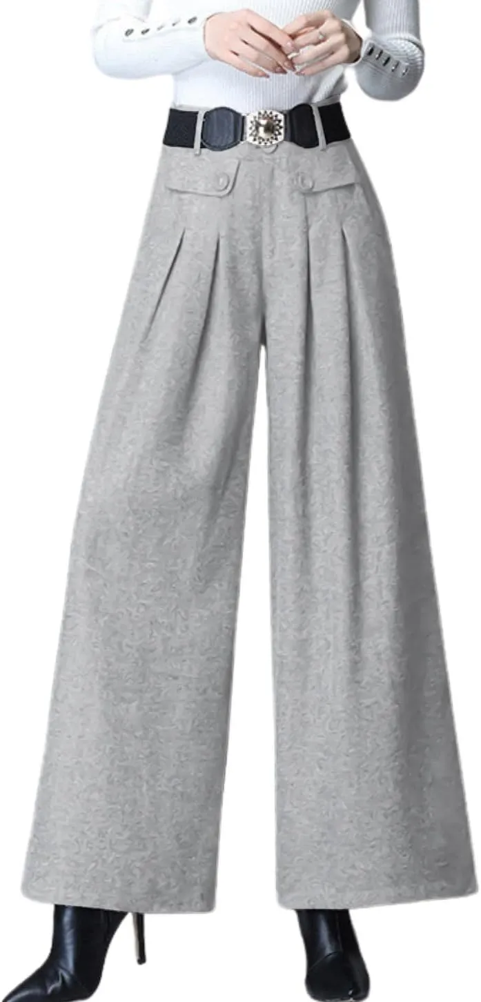 chouyatou Women's Casual Wide Leg Wool Blend Pants Baggy Culotte High Waisted Pleated Loose Long Trousers