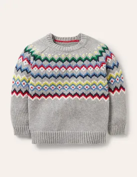 Chunky Fair Isle Crew Jumper-Grey Marl