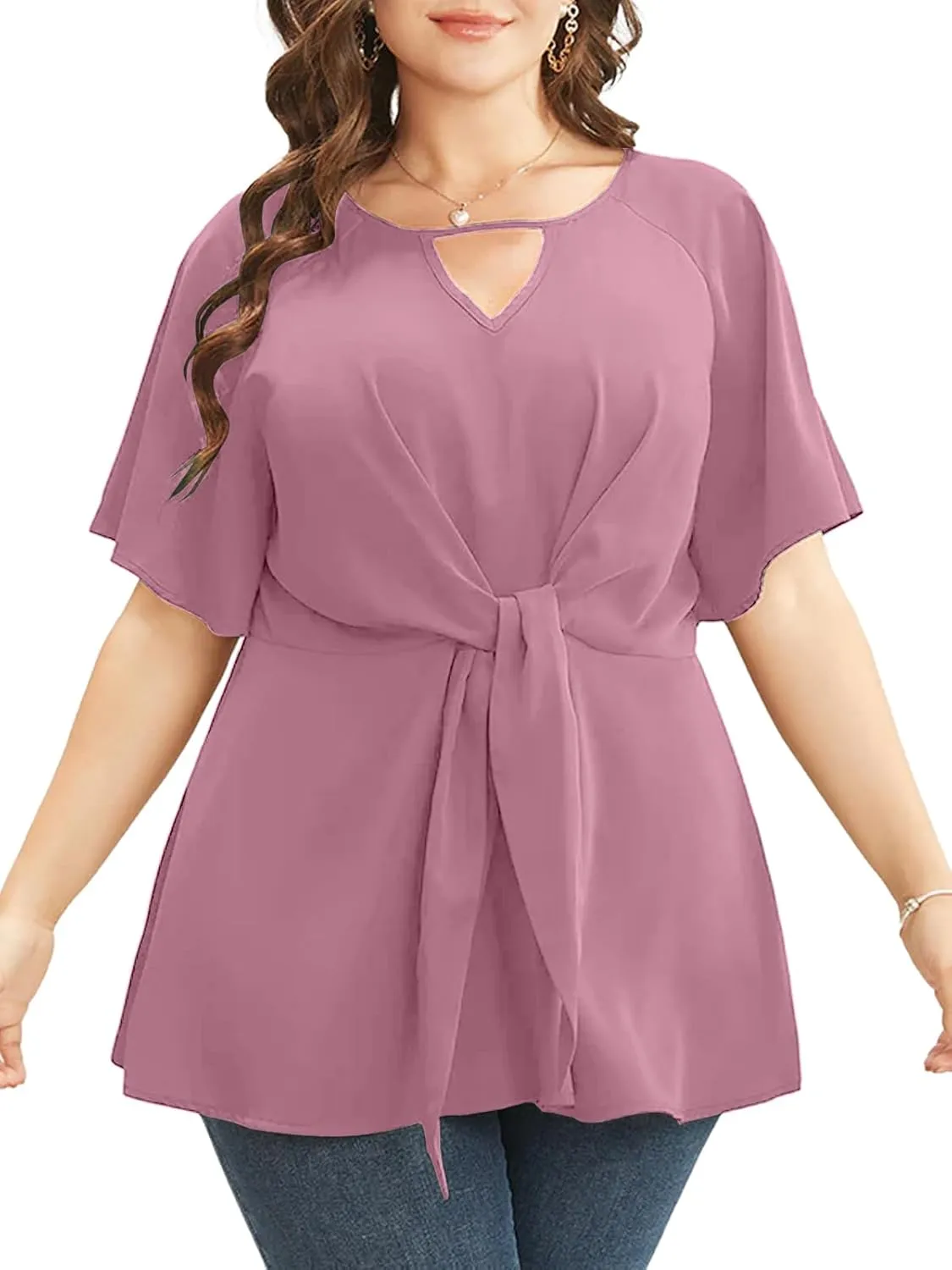 Cicy Bell Womens Plus Size Peplum Tops V Neck Keyhole Tie Front Ruffle Short Sleeve Tunic Blouse