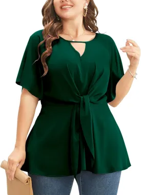 Cicy Bell Womens Plus Size Peplum Tops V Neck Keyhole Tie Front Ruffle Short Sleeve Tunic Blouse