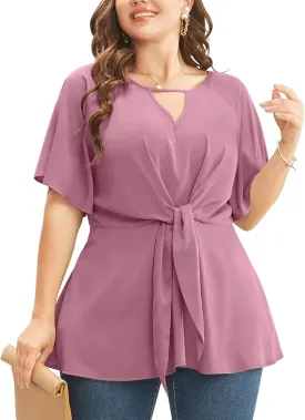 Cicy Bell Womens Plus Size Peplum Tops V Neck Keyhole Tie Front Ruffle Short Sleeve Tunic Blouse