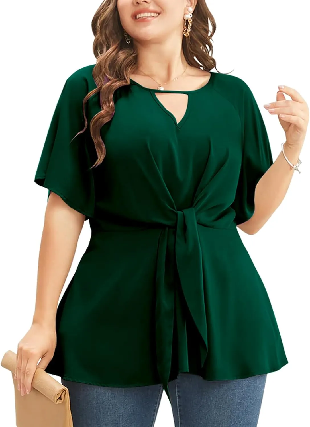 Cicy Bell Womens Plus Size Peplum Tops V Neck Keyhole Tie Front Ruffle Short Sleeve Tunic Blouse